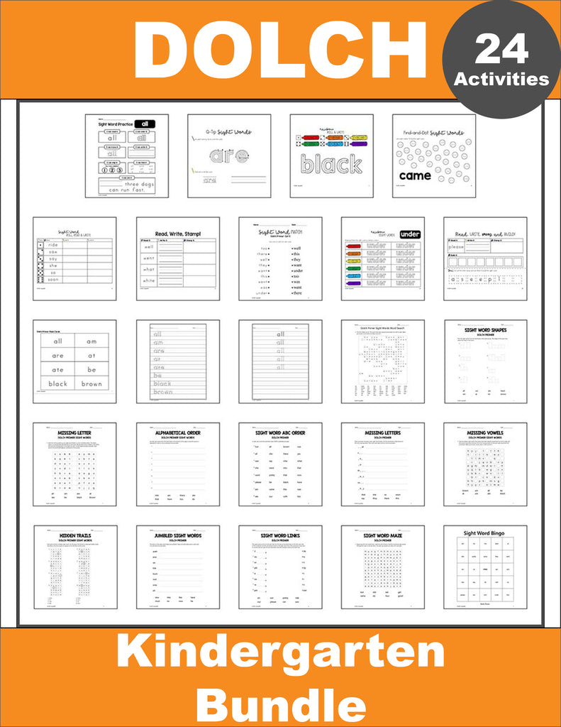 Kindergarten Sight Words Bundle - Dolch Primer Sight Word Worksheets, Printables, Flash Cards, And More! - 24 Activities