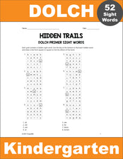 Kindergarten Sight Words Worksheets - Hidden Trails, 2 Variations, All 52 Dolch Primer Sight Words