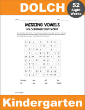 Kindergarten Sight Words Worksheets - Missing Vowels, All 52 Dolch Primer Sight Words