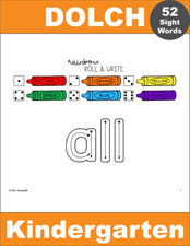 Kindergarten Sight Word Worksheets - Rainbow Roll And Write, 3 Variations, All 52 Dolch Primer Sight Words, 156 Total Pages
