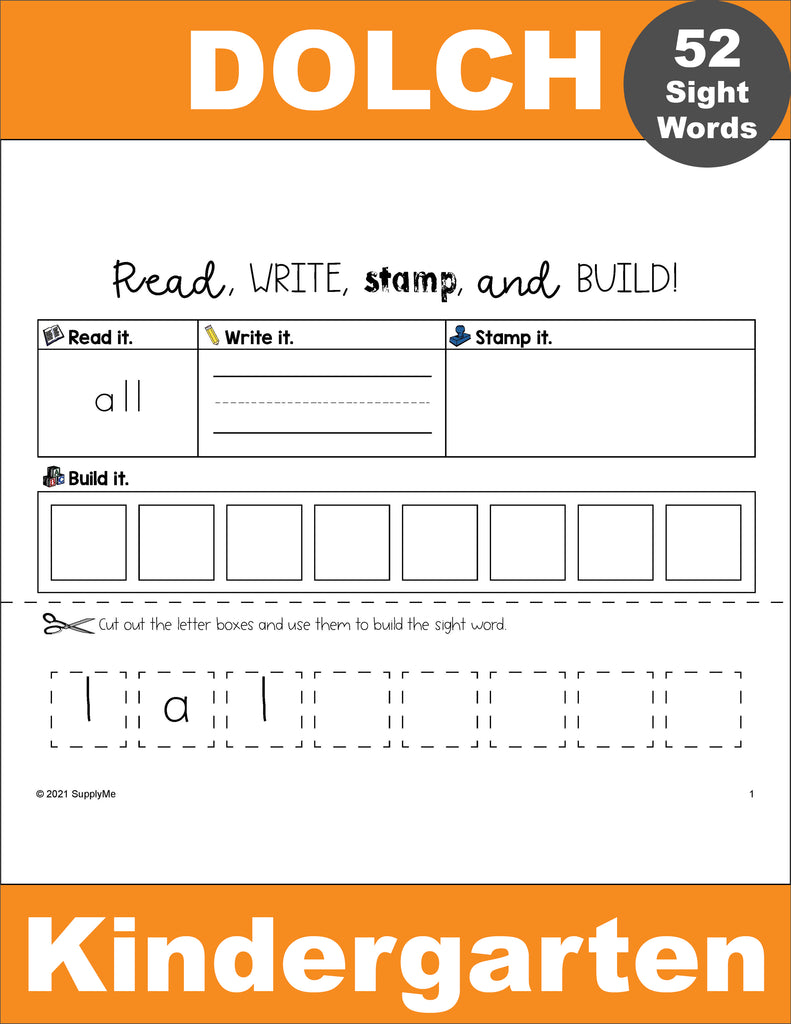 SupplyMe　Words　Worksheets　Kindergarten　–　Write,　Stamp,　Sight　Build,　Read,　And