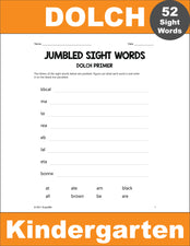 Kindergarten Sight Words Worksheets - Word Jumbles, All 52 Dolch Primer Sight Words