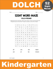 Kindergarten Sight Words Worksheets - Sight Word Maze, All 52 Dolch Primer Sight Words