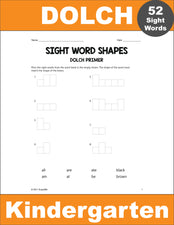 Kindergarten Sight Words Worksheets - Word Shapes, 3 Variations, All 52 Dolch Primer Sight Words