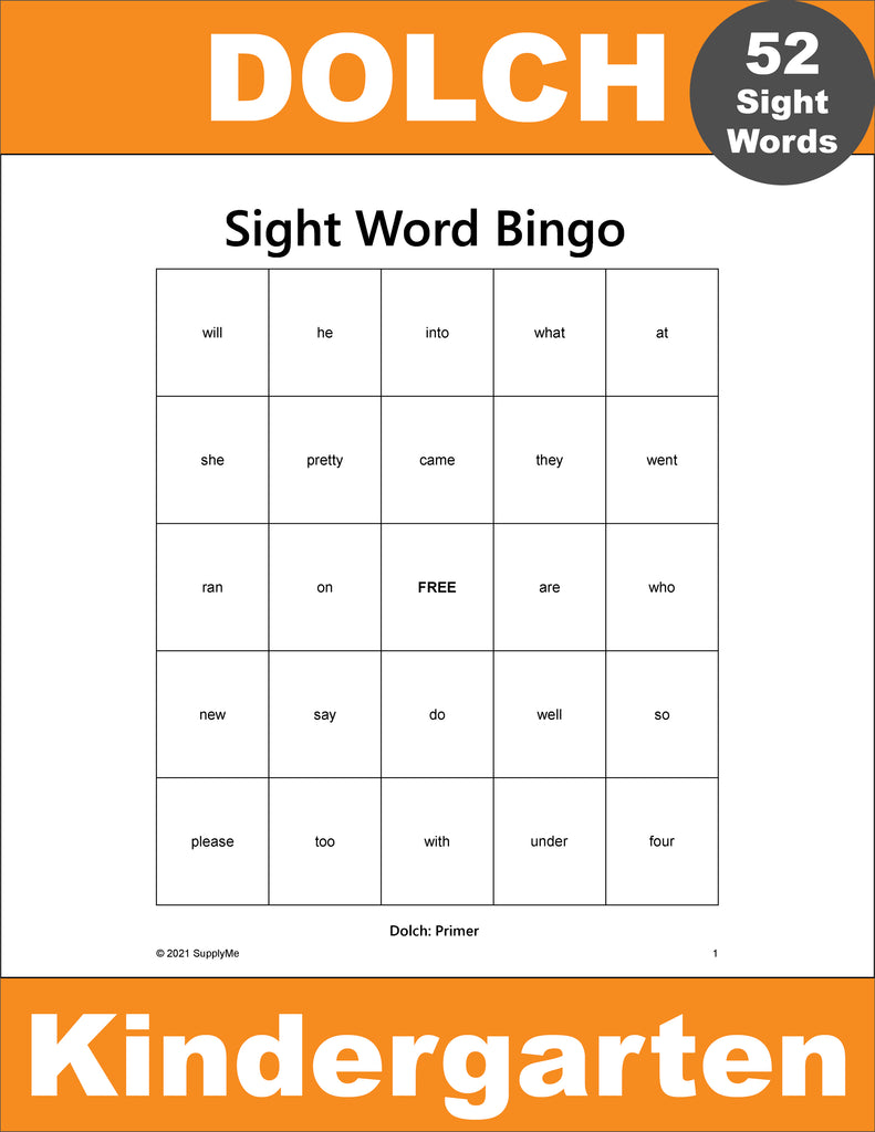 Kindergarten Sight Words Bingo, All 52 Dolch Primer Sight Words