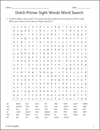Kindergarten Sight Words Word Searches - 12 Variations, All 52 Dolch Primer Sight Words