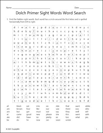 Kindergarten Sight Words Word Searches - 12 Variations, All 52 Dolch Primer Sight Words