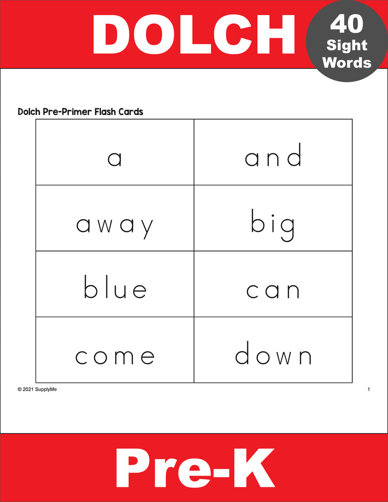 Pre-Primer Dolch Sight Word Flash Cards, 5 Variations,  Pre-K