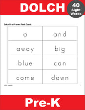 Pre-Primer Dolch Sight Word Flash Cards, 5 Variations,  Pre-K