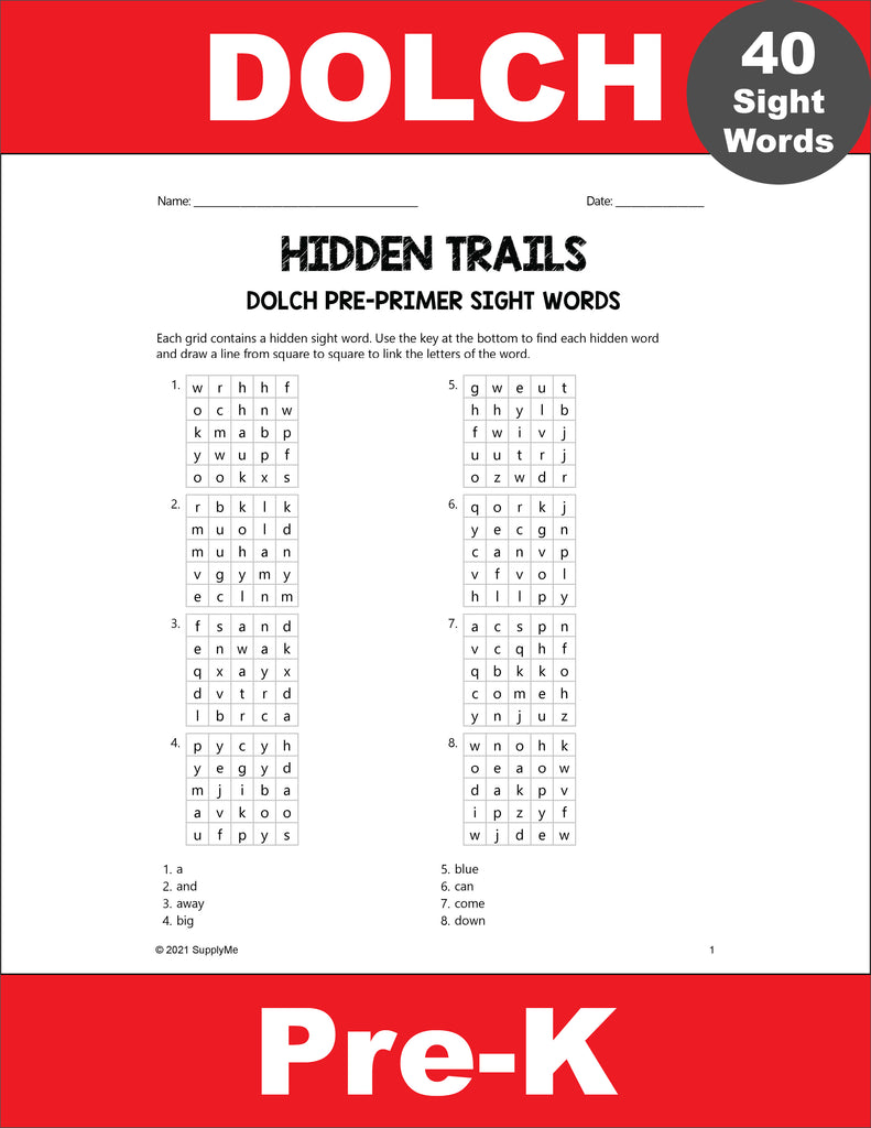 Pre-Primer Dolch Sight Words Worksheets - Hidden Trails, 2 Variations, Pre-K