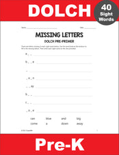 Pre-Primer Dolch Sight Words Worksheets - Missing Letters, Pre-K
