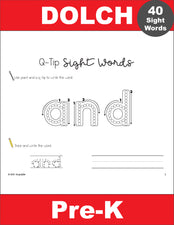 Pre-Primer Dolch Sight Words Worksheets - Q-Tip Painting Printables With Tracing And Handwriting Practice, 6 Variations For Each Of The 40 Sight Words, Pre-K, 240 Total Pages