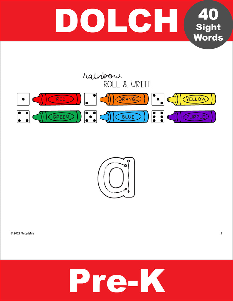 Pre-Primer Dolch Sight Words Worksheets - Rainbow Roll And Write, 3 Variations,  Pre-K, 120 Total Pages