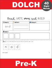 Pre-Primer Dolch Sight Words Worksheets - Read, Write, Stamp, And Build, 5 Variations,  Pre-K, 200 Total Pages