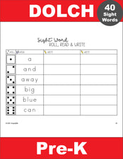 Pre-Primer Dolch Sight Words Worksheets - Roll, Read, And Write, 7 Variations,  Pre-K, 49 Total Pages
