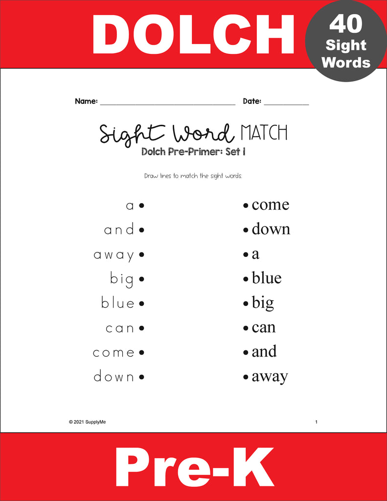 Pre K Words Printable