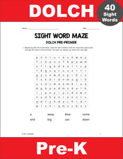 Pre-Primer Dolch Sight Words Worksheets - Sight Word Maze, Pre-K