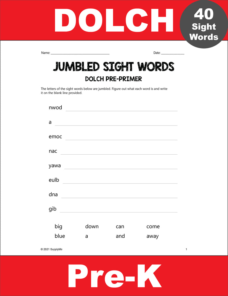 Pre-Primer Dolch Sight Words Worksheets - Word Jumbles, Pre-K