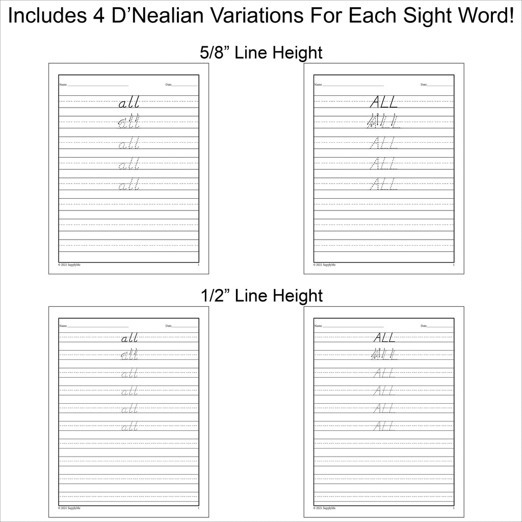Sight Words Tracing Worksheets, All 220 Dolch Sight Words, 10 Variations (Print, D'Nealian, And Cursive), Grades PreK-3, 2,200 Total Pages