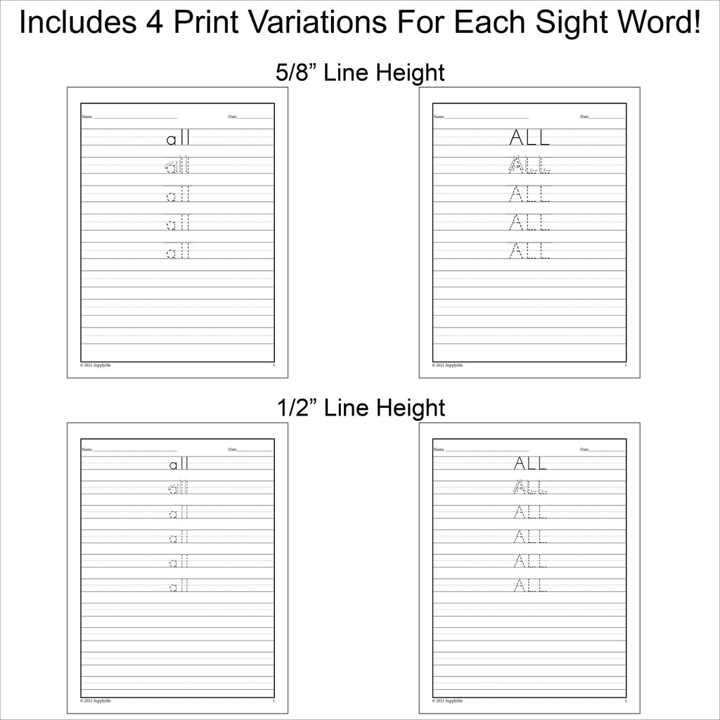 Kindergarten Sight Words Tracing Worksheets, All 52 Dolch Primer Sight Words, 10 Variations (Print, D'Nealian, And Cursive), 520 Total Pages
