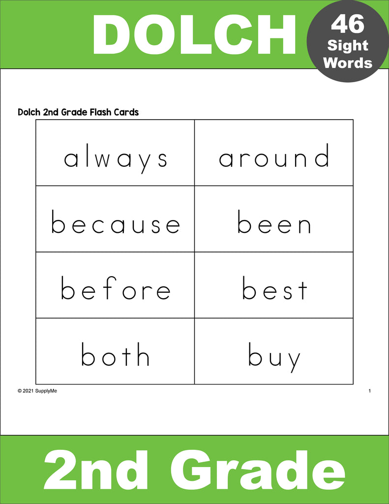 Second Grade Sight Word Flash Cards, 5 Variations, All 46 Dolch 2nd Grade Sight Words