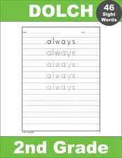 Second Grade Sight Words Tracing Worksheets, All 46 Dolch 2nd Grade Sight Words, 10 Variations (Print, D'Nealian, And Cursive), 460 Total Pages