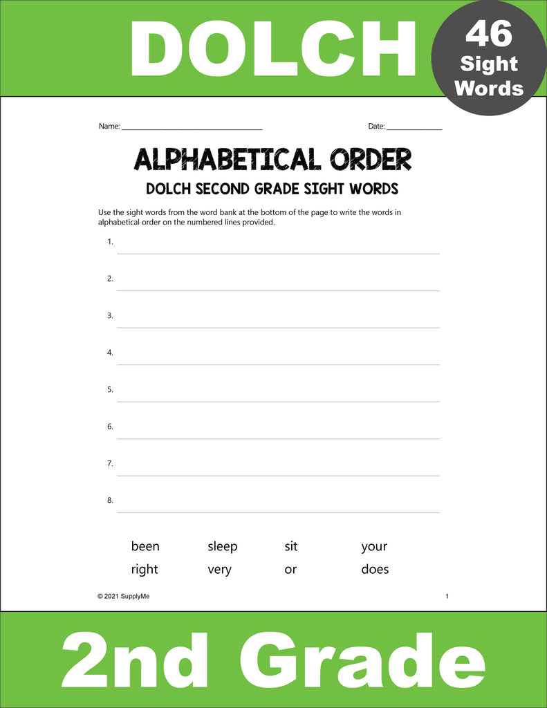 Second Grade Sight Words Worksheets - Alphabetical Order, All 46 Dolch 2nd Grade Sight Words
