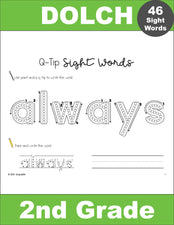 Second Grade Sight Words Worksheets - Q-Tip Painting Printables With Tracing And Handwriting Practice, 6 Variations For Each Of The 46 Dolch 2nd Grade Sight Words, 276 Total Pages