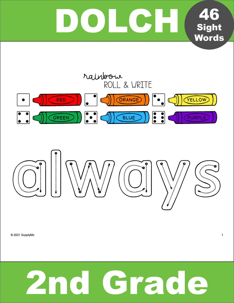 Second Grade Sight Word Worksheets - Rainbow Roll And Write, 3 Variations,  All 46 Dolch 2nd Grade Sight Words, 138 Total Pages