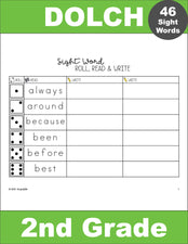 Second Grade Sight Word Worksheets - Roll, Read, And Write, 7 Variations, All 46 Dolch 2nd Grade Sight Words, 56 Total Pages