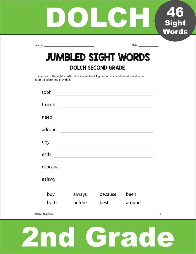 Second Grade Sight Words Worksheets - Word Jumbles, All 46 Dolch 2nd Grade Sight Words