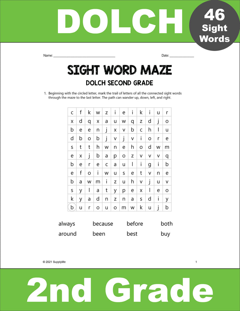 Second Grade Sight Words Worksheets - Sight Word Maze, All 46 Dolch 2nd Grade Sight Words