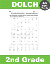 Second Grade Sight Words Word Searches - 12 Variations, All 46 Dolch 2nd Grade Sight Words