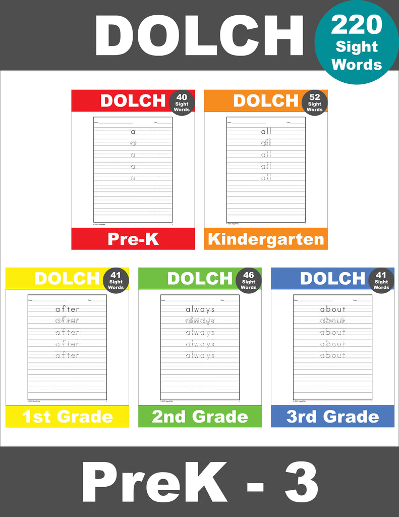 Sight Words Tracing Worksheets, All 220 Dolch Sight Words, 10 Variations (Print, D'Nealian, And Cursive), Grades PreK-3, 2,200 Total Pages