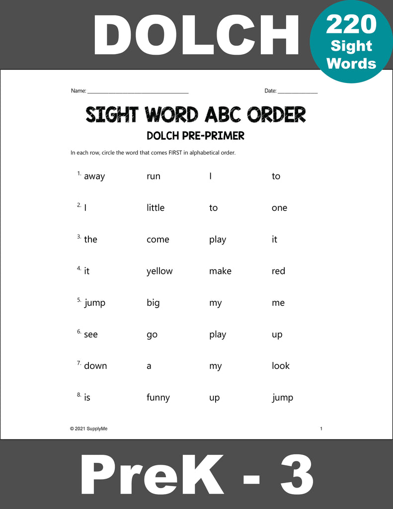 Sight Words Worksheets - ABC Order, All 220 Dolch Sight Words, Grades PreK-3