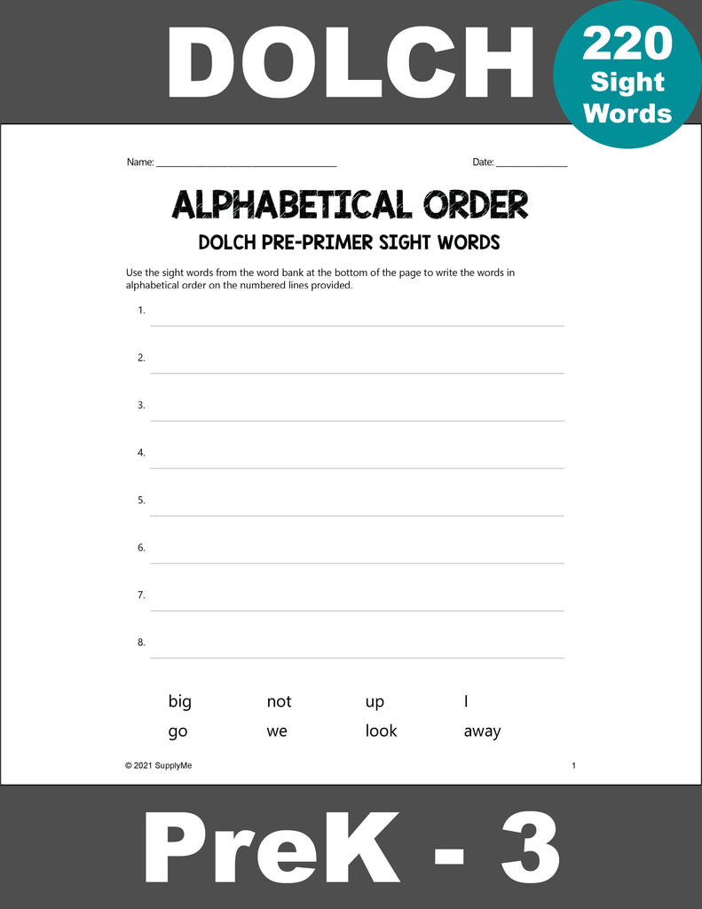 Sight Words Worksheets - Alphabetical Order, All 220 Dolch Sight Words, Grades PreK-3
