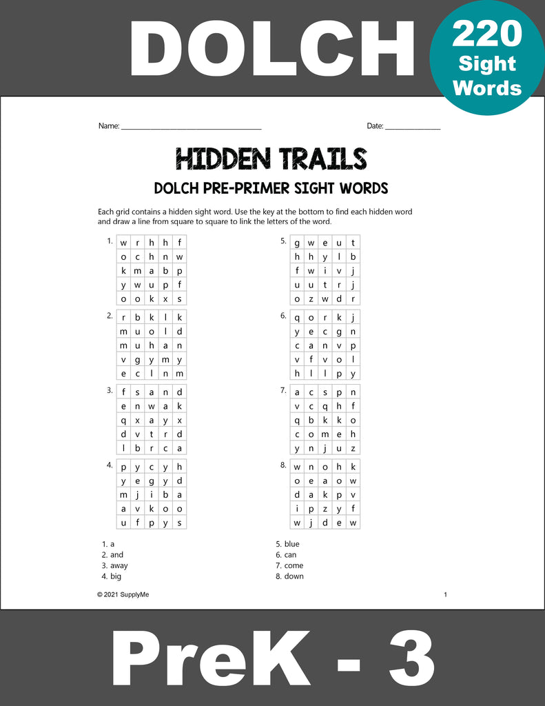 Sight Words Worksheets - Hidden Trails, 2 Variations, All 220 Dolch Sight Words, Grades PreK-3