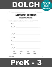 Sight Words Worksheets - Missing Letters, All 220 Dolch Sight Words, Grades PreK-3