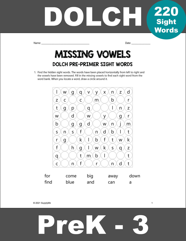 Pre-Primer Dolch Sight Words Worksheets - Missing Vowels, Pre-K – SupplyMe