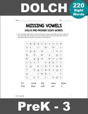 Sight Words Worksheets - Missing Vowels, All 220 Dolch Sight Words, Grades PreK-3