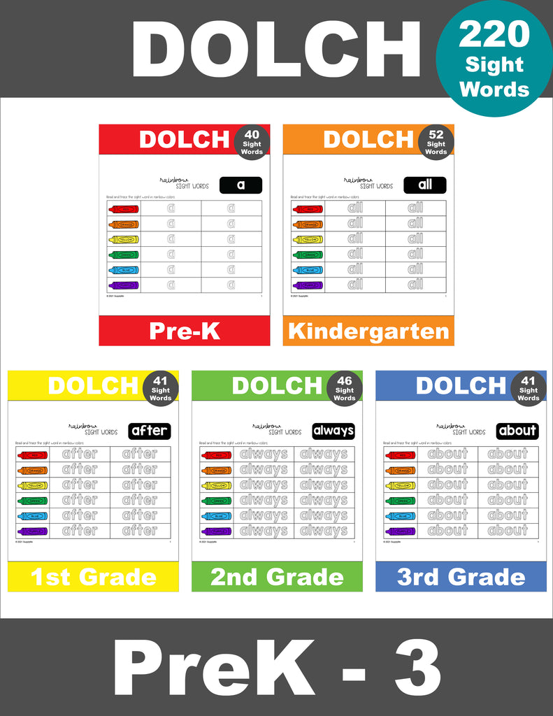 Sight Words Worksheets - Rainbow Sight Words, 17 Variations, All 220 Dolch Sight Words, Grades PreK-3, 3,740 Total Pages