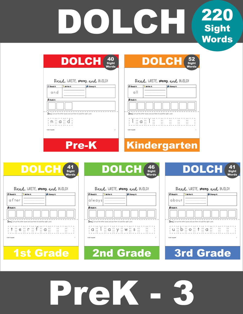 Sight Words Worksheets - Read, Write, Stamp, And Build, 5 Variations, All 220 Dolch Sight Words, Grades PreK-3, 1,100 Total Pages