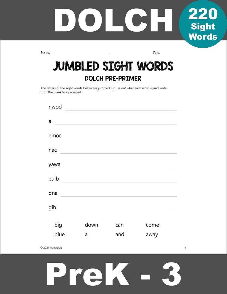 Sight Words Worksheets - Word Jumbles, All 220 Dolch Sight Words, Grades PreK-3