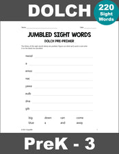 Sight Words Worksheets - Word Jumbles, All 220 Dolch Sight Words, Grades PreK-3