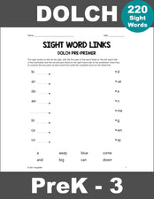 Sight Words Worksheets - Word Links, All 220 Dolch Sight Words, Grades PreK-3