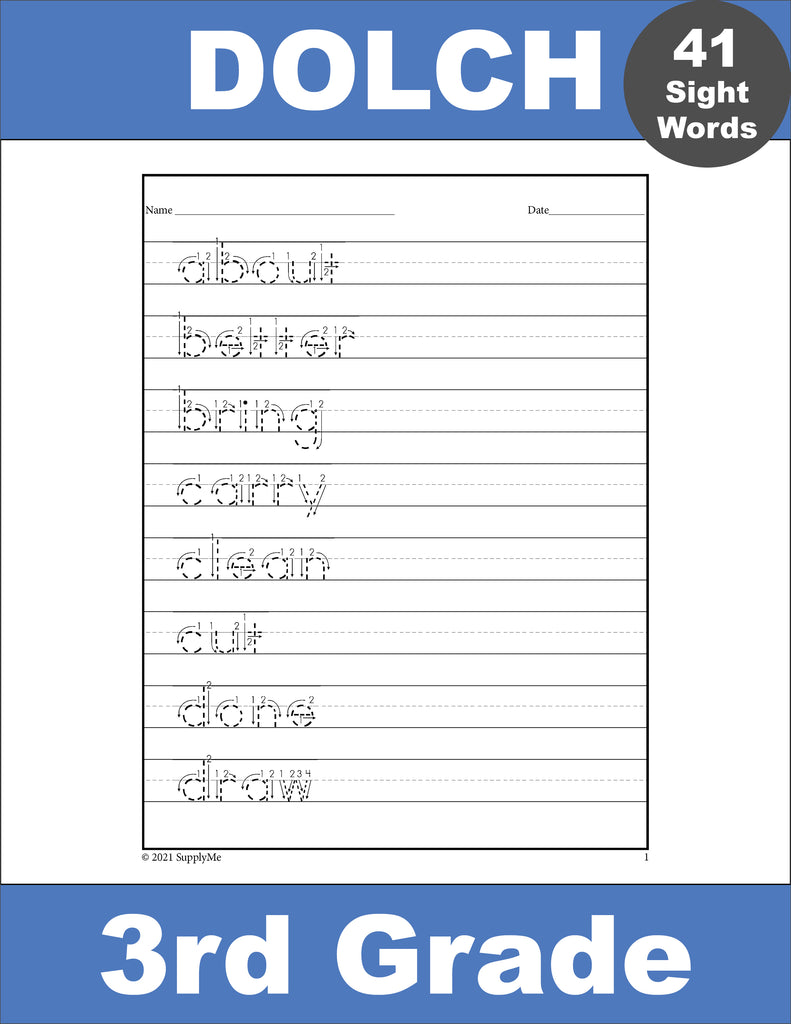 Third Grade Sight Words Tracing Worksheets - Multiple Sight Words Per Page, 20 Variations, All 41 Dolch 3rd Grade Sight Words