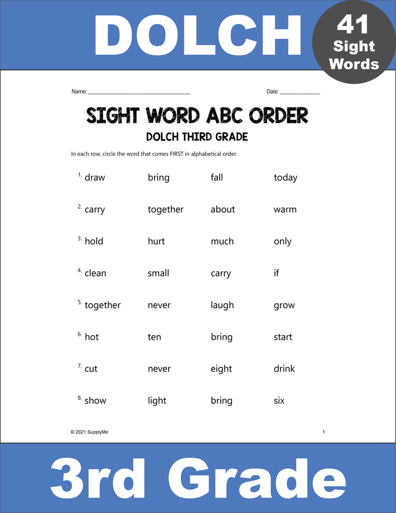Third Grade Sight Words Worksheets - ABC Order, All 41 Dolch 3rd Grade Sight Words