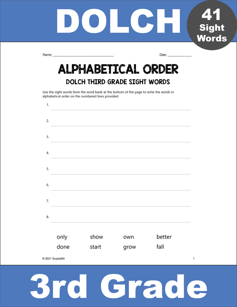 Third Grade Sight Words Worksheets - Alphabetical Order, All 41 Dolch 3rd Grade Sight Words