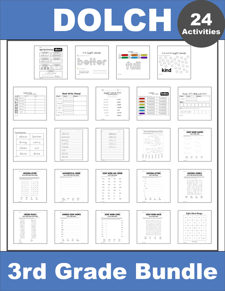 Third Grade Sight Words Bundle - Dolch 3rd Grade Sight Word Worksheets, Printables, Flash Cards, And More - 24 Activities
