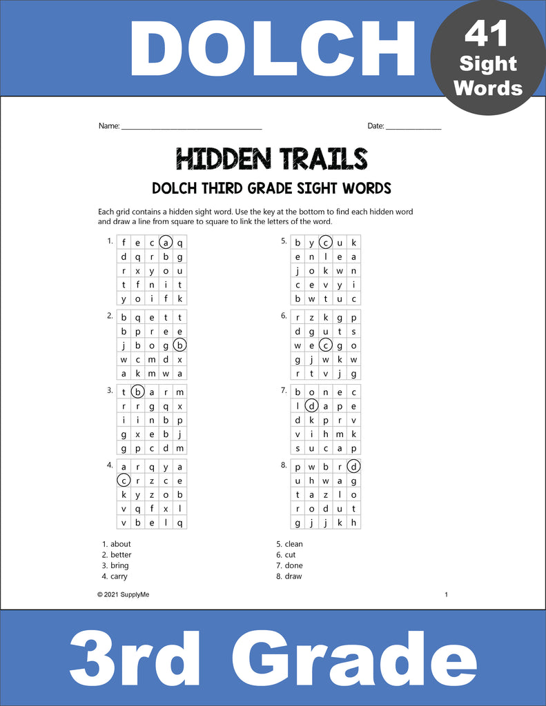 Third Grade Sight Words Worksheets - Hidden Trails, 2 Variations, All 41 Dolch 3rd Grade Sight Words